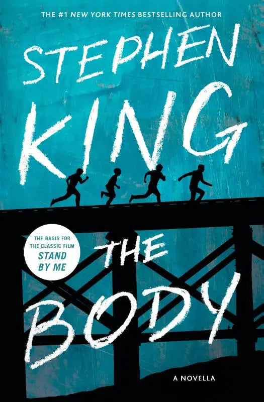 The body van Stephen King novelle met gedurfde witte tekst en silhouetten op een getextureerde turquoise achtergrond