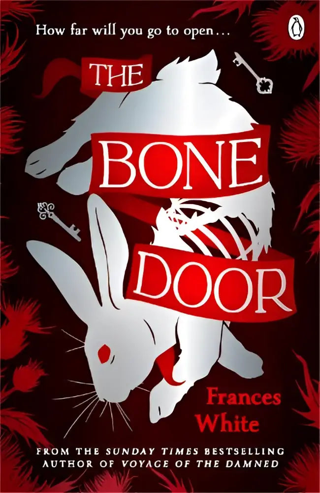 The bone door boekcover toont een witte konijn met rode ogen en skeletdetails tegen een donkere achtergrond met doornen, michael joseph