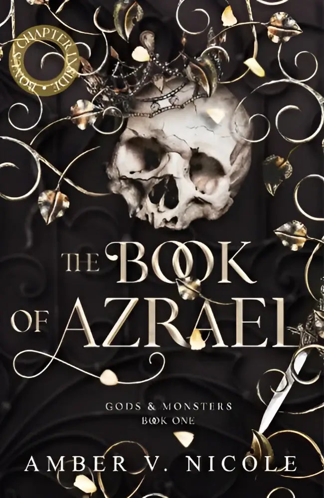 The book of azrael is the first book in gods and monsters with a dark black cover and intricate silver skull design