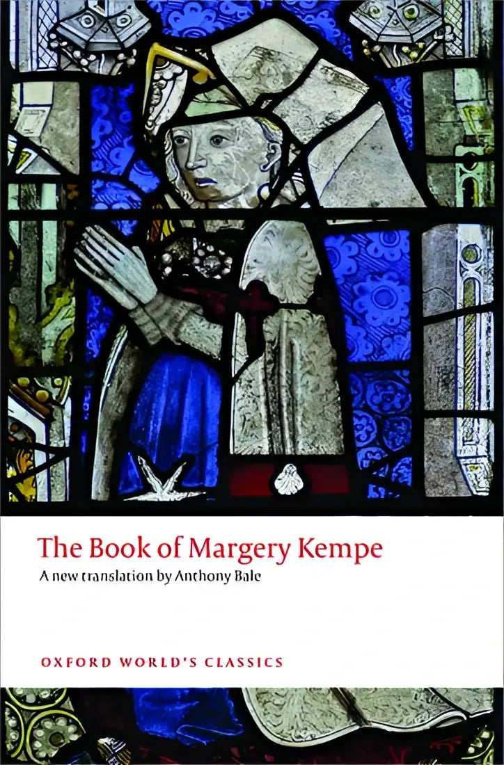 The book of margery kempe met een rijk versierde glas-in-loodillustratie op de omslag van anthony bales vertaling