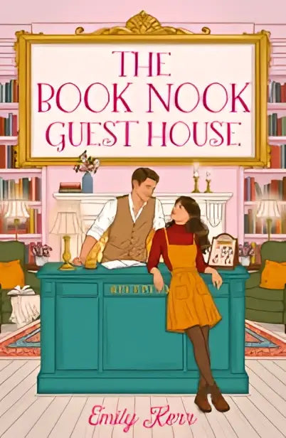 Het book nook guest house bord met elegante gouden letters en een sierlijke gouden rand op witte achtergrond