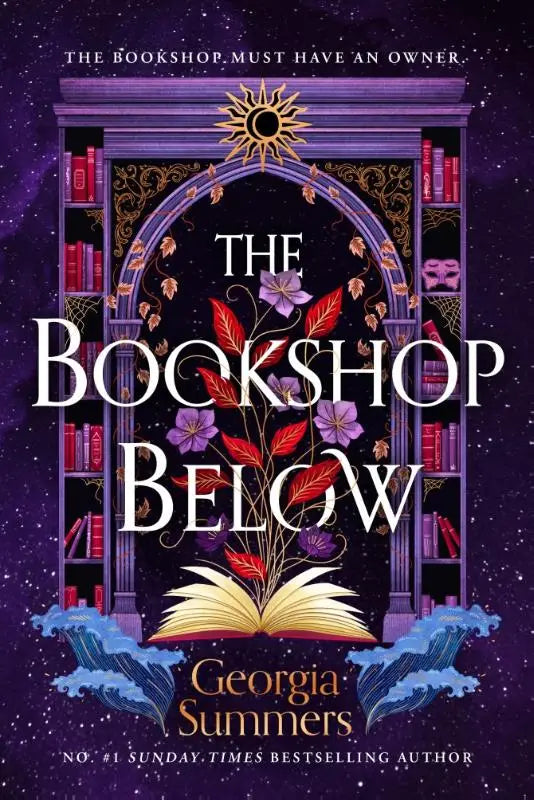 De boekwinkel hieronder boekcover toont een paarse deur met gouden details en rode boeken in een sweepingly romantic fantasy verhaal