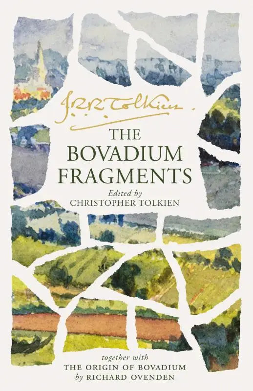 De bovadium fragments boekomslag toont een aquarel landschap in aardse groen, blauw en bruin, samen met the origin of bovadium door richard ovenden