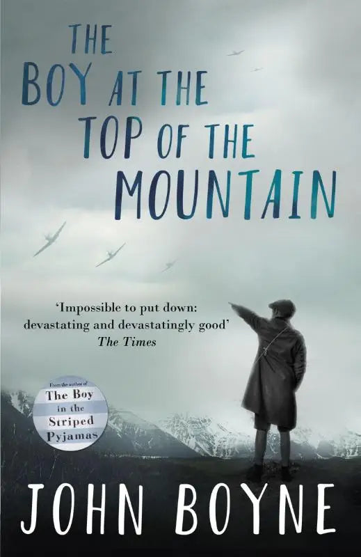 Boekcover van the boy at the top of the mountain met een jongen in donkere kleding wijzend naar bergen onder bewolkte lucht