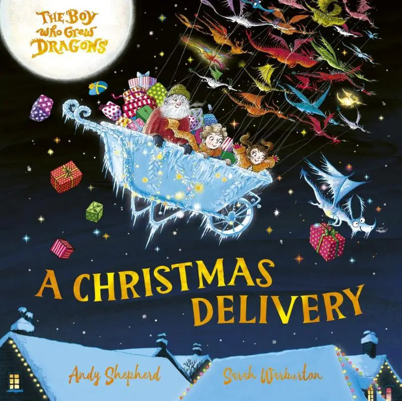 Feestelijk kinderboek the boy who grew dragons met een gloeiende blauwe ijsslee vol kerstcadeaus en kinderen in de nacht