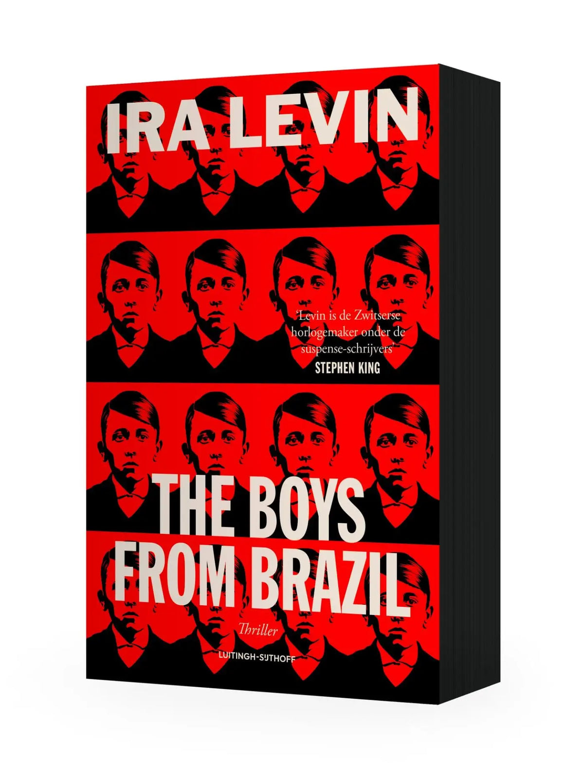Rode en zwarte boekomslag van the boys from brazil met een patroon van gestileerde mannengezichten en titel in wit