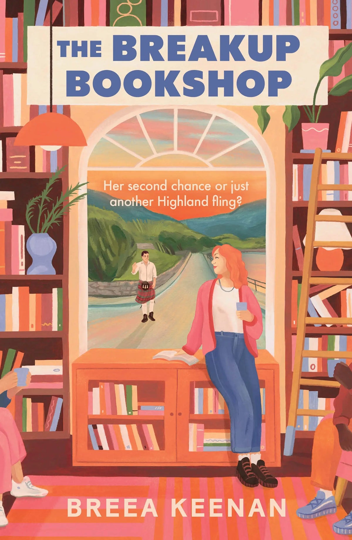 De breakup bookshop boekomslag toont een oranje boogvenster met een highlandweg en twee personages in traditioneel Schots tenue