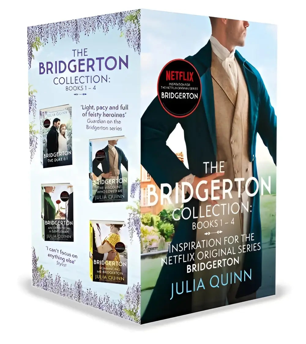 De bridgerton collection boeken 1-4 box set toont een man in een elegant teal jas en beige waistcoat bij lila bloemen