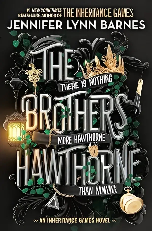 De boekomslag van The brothers Hawthorne uit The Inheritance Games 4 toont gotische witte en gouden letters op donkergroen met zwarte bloemmotieven