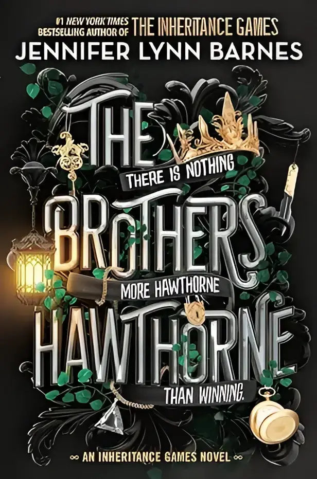 Boekomslag van the brothers hawthorne door jennifer lynn barnes met zilveren en gouden letters voor inheritance games