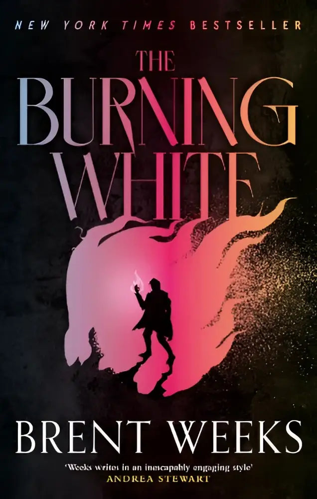 The burning white book five with bold pink and orange text on dark background featuring silhouetted figure holding glowing object