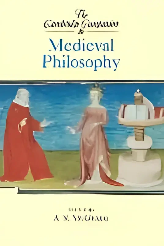 The cambridge companion to medieval philosophy hardcover book with illustrated cover of medieval figures in red and gold robes