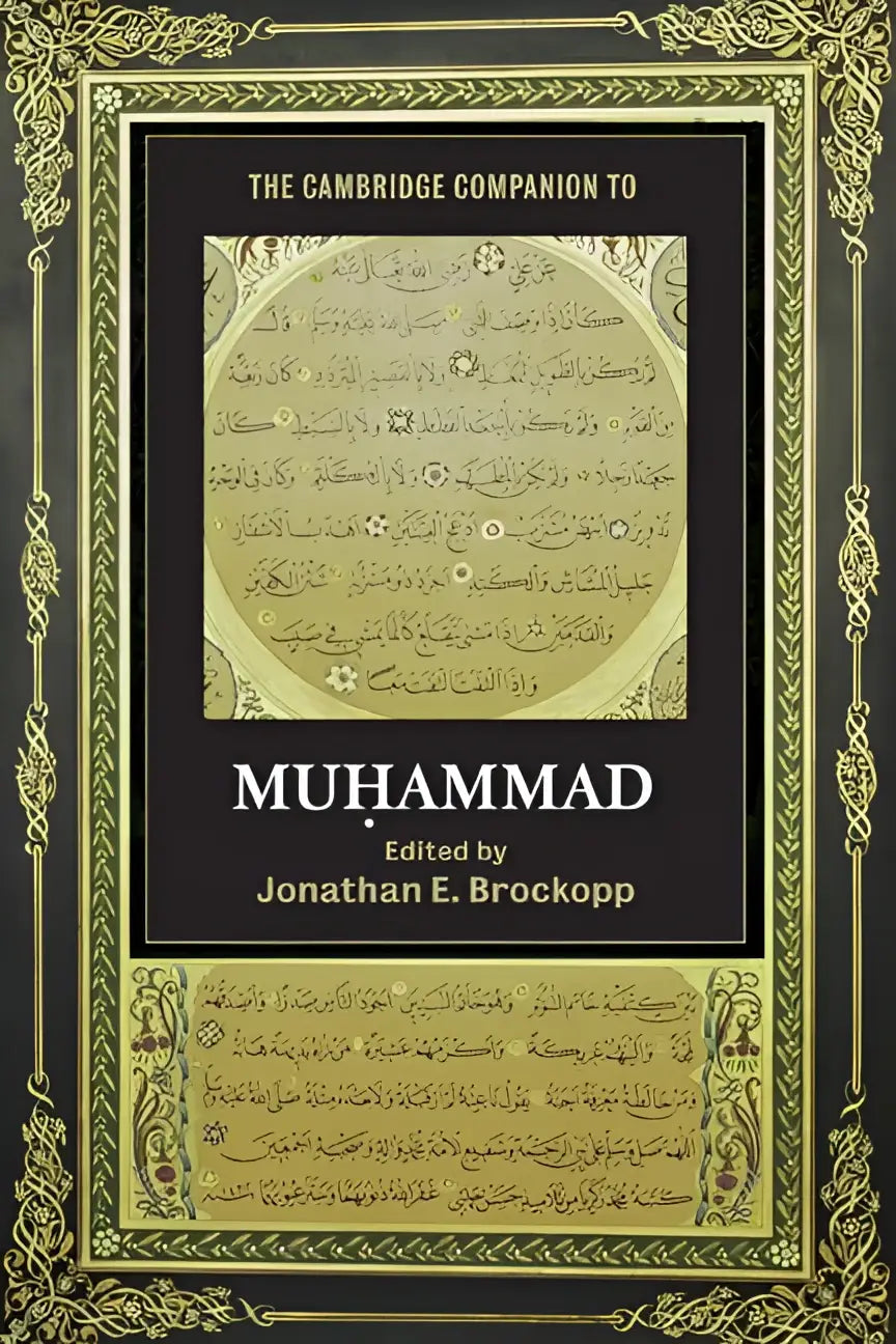 The cambridge companion to muhammad scholarly book with ornate gold and black cover featuring intricate arabic calligraphy