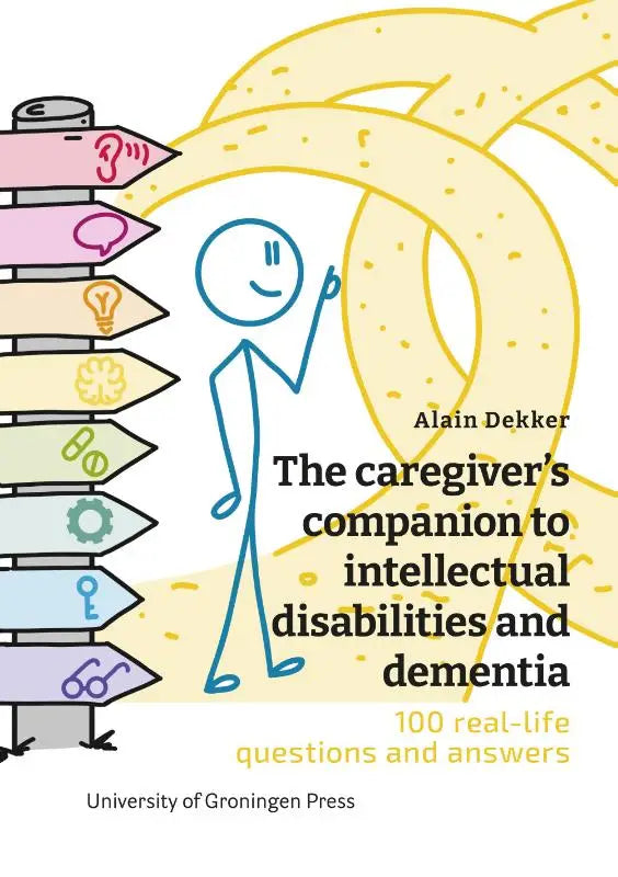 The caregiver’s companion to intellectual disabilities and dementia book cover shows a blue figure pointing at colorful arrows with icons