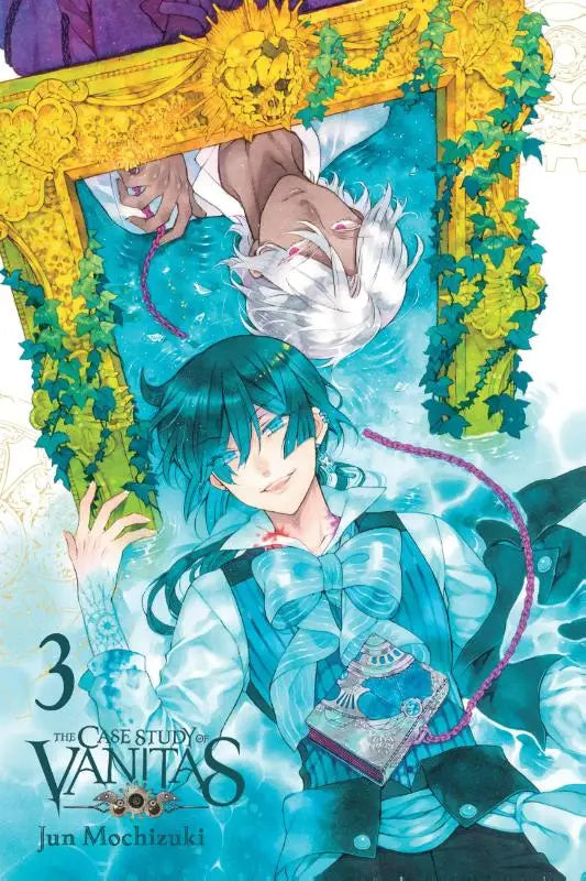 De case study of vanitas volume 3 cover met een tealharig personage in blauw-witte outfit en gouden omlijsting