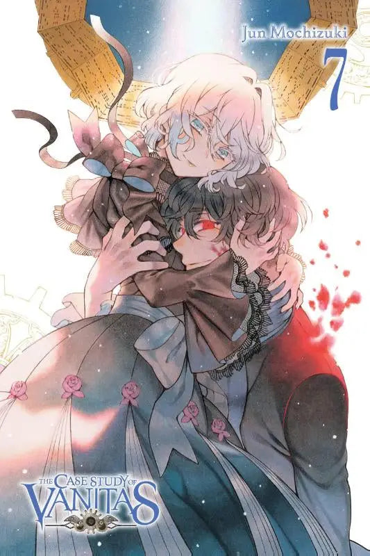 De cover van volume 7 van the case study of vanitas manga door jun mochizuki toont twee personages in omhelzing met een jurk versierd met roze rozen