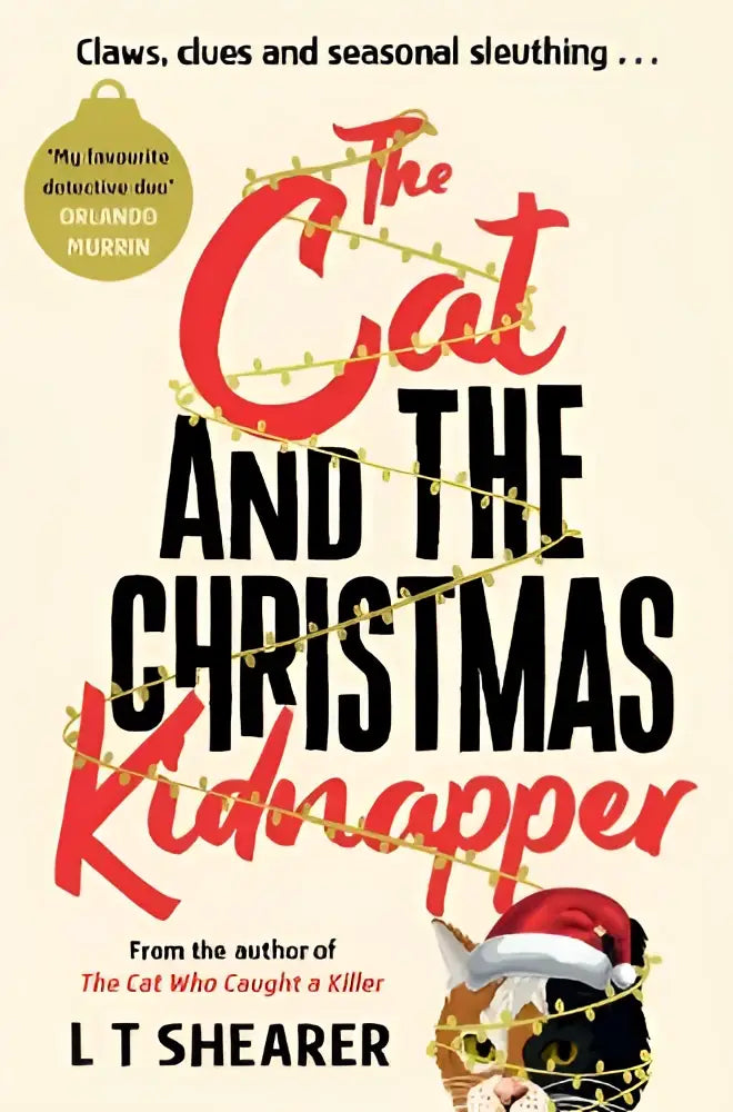 The cat and the christmas kidnapper boekomslag met rode en zwarte letters en feestelijke lichtjes op een lichte achtergrond