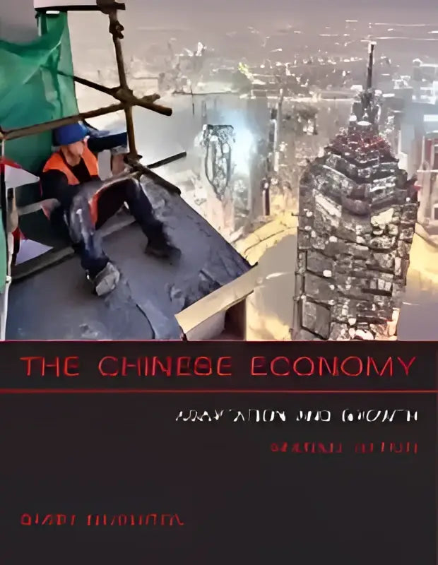 De omslag van het boek the chinese economy toont een stedelijke skyline met hoge wolkenkrabbers en een persoon in donkere kleding zittend op de rand van een hoog gebouw