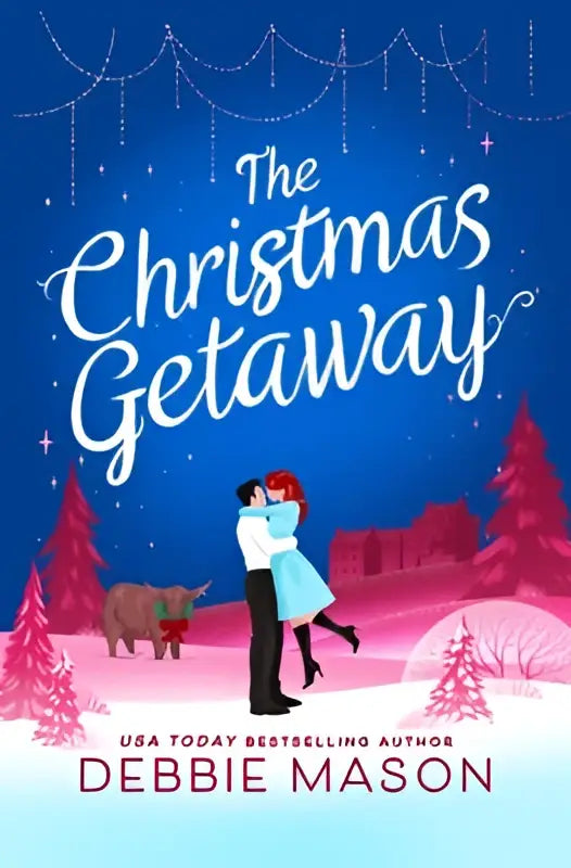 The christmas getaway boekcover met een illustratie van een koppel onder lichtjes in een winters bos met rendieren