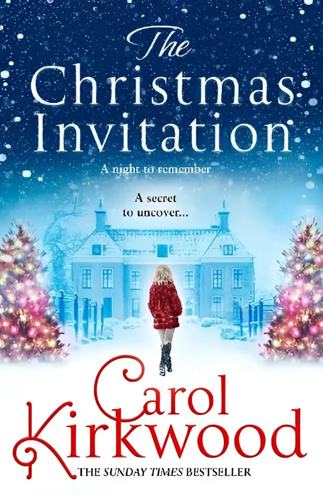 De christmas invitation boekomslag toont een winters tafereel met twee verlichte dennenbomen naast een groot wit huis, uitgegeven door harpercollins publishers
