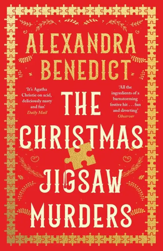 Rode boekomslag met gouden puzzelrand en witte tekst voor the christmas jigsaw murders van alexandra benedict