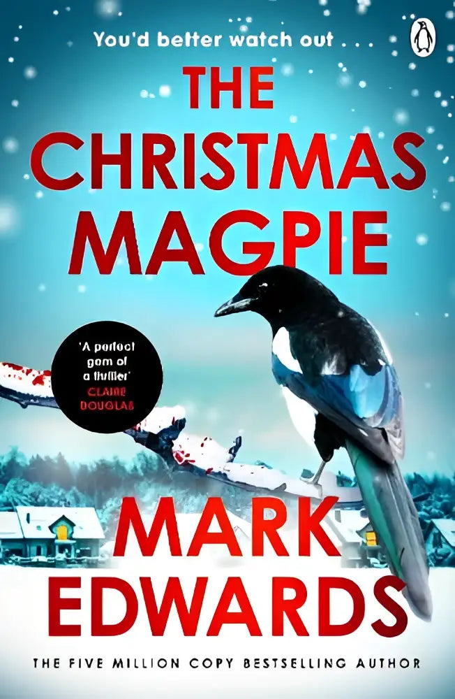 The christmas magpie boekomslag met een zwart-blauwe ekster op besneeuwde takken tegen een teal winterachtergrond