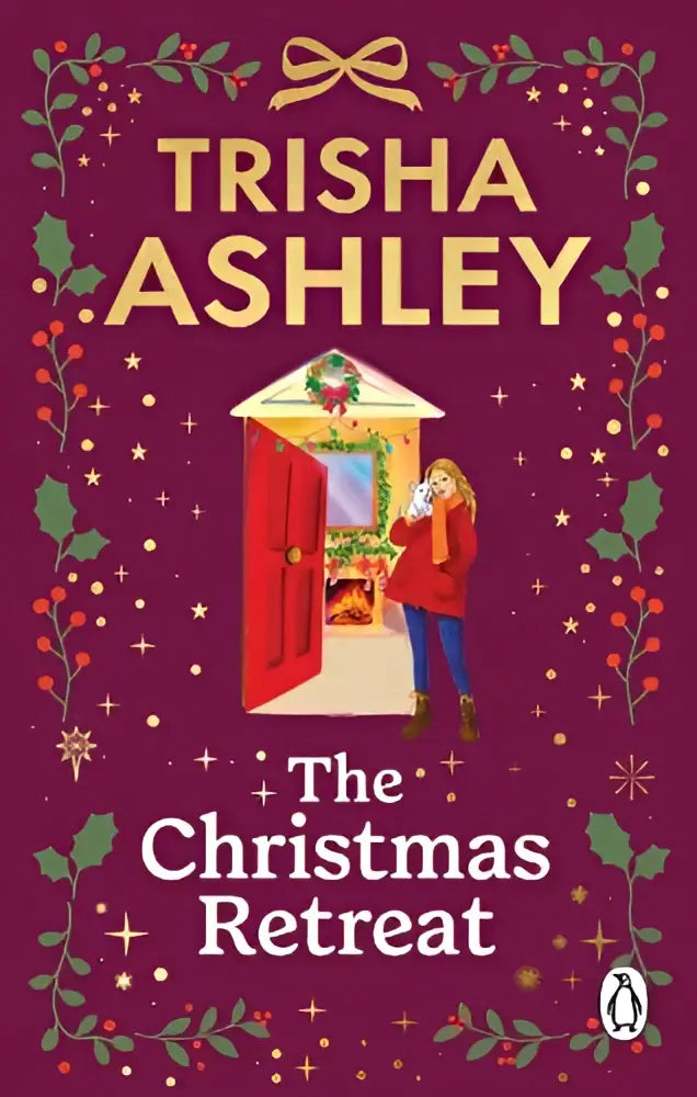 A festive book cover of the christmas retreat featuring a red door with gold trim and holly wreaths on purple background