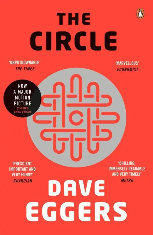 Rode boekcover van the circle door dave eggers met grijze cirkel en oranje geometrisch ontwerp voor de wereldwijde lezers