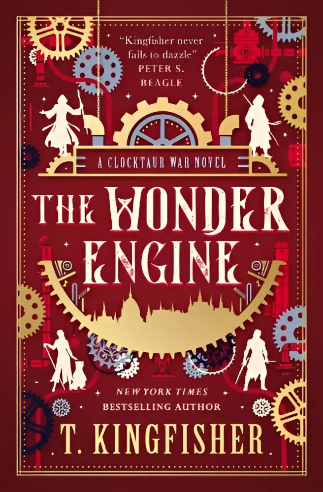 De wonder engine is een rood boek met gouden en witte mechanische ontwerpen uit de clocktaur war duology