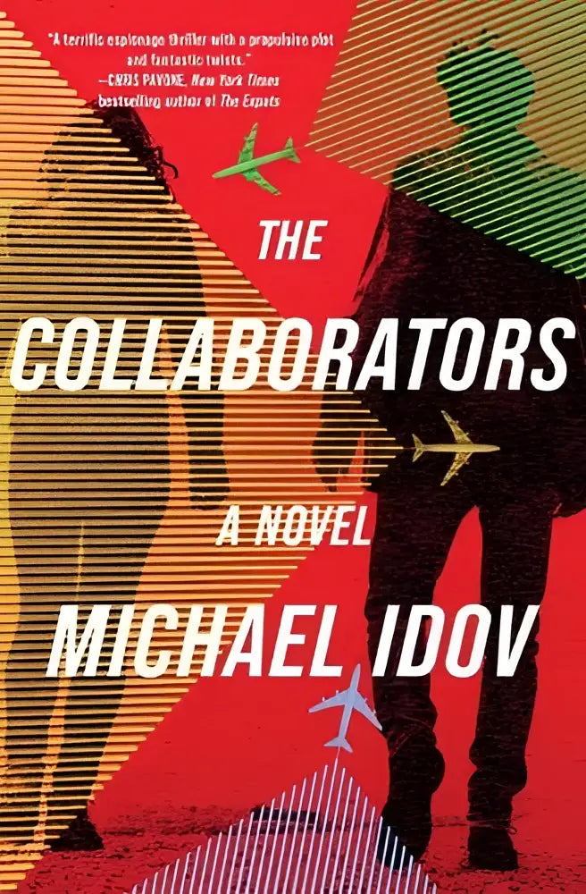 De boekcover van The Collaborators door Michael Idov toont witte tekst op een rode achtergrond met groene, gele en zwarte silhouetten, deel van de cormorant trilogy