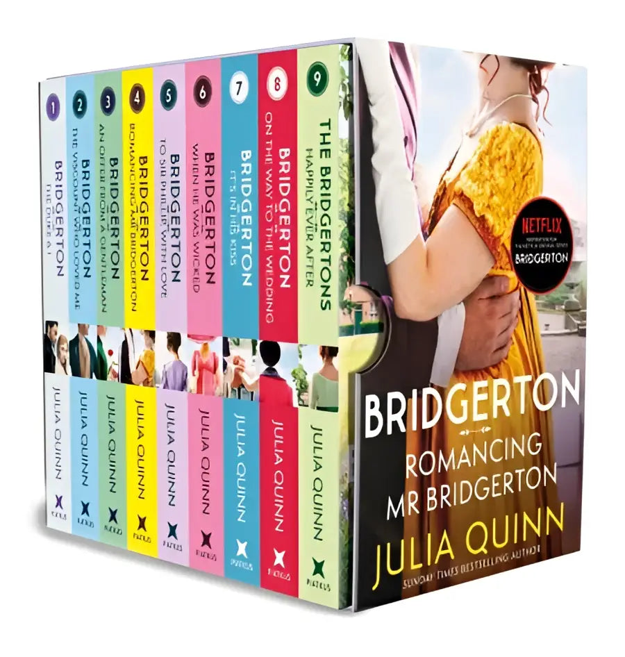 The complete bridgerton collection box set by julia quinn with colorful spines and glossy cover of main characters in embrace