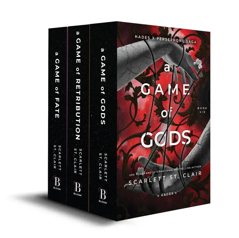 Red and black hardcover book set with hands reaching through ornate vines in the complete hades saga set