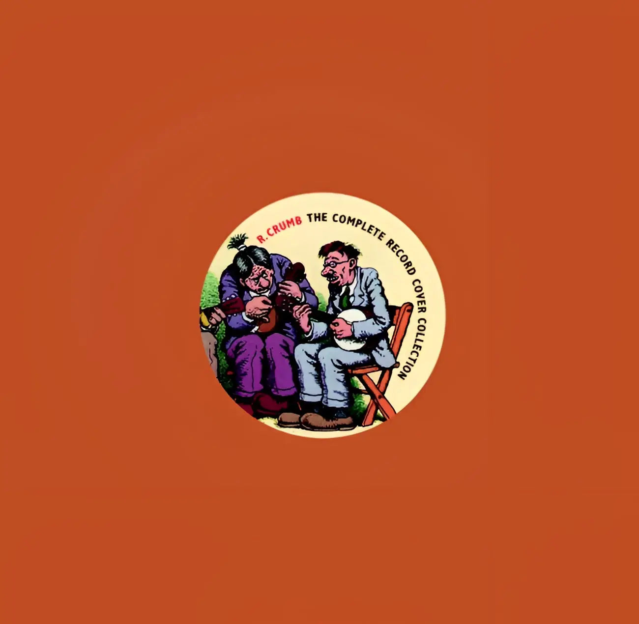 Cirkelformige knop met cartoonillustratie van twee mannen op complete record covers product