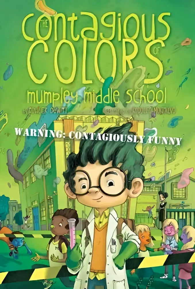 The contagious colors of mumpley middle school cover showing a cartoon boy in glasses and lab coat with test tube