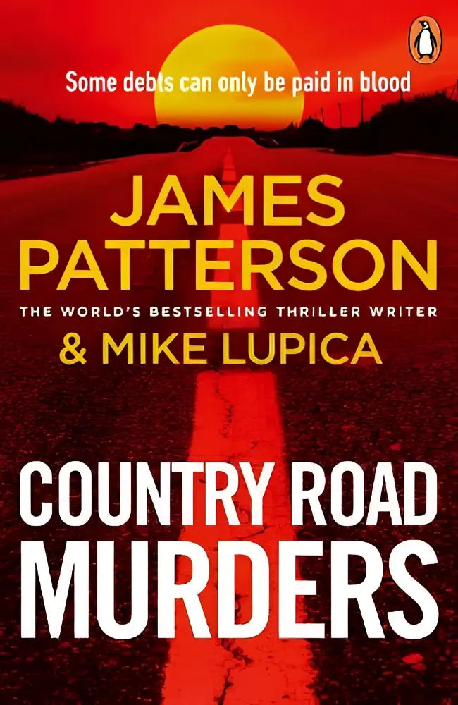 Rood boekomslag van the country road murders met een bloedrode weg en gele zon van james patterson en mike lupica