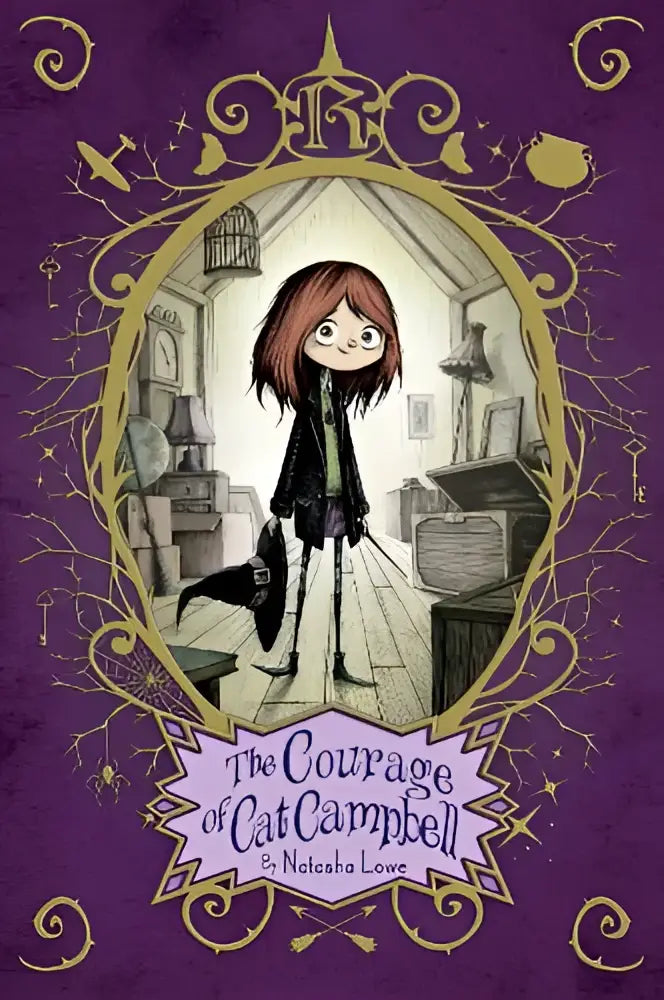 Paars boekomslag van the courage of cat campbell met afbeelding van meisje in zwart en haar kat voor jonge lezers