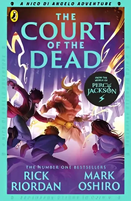 The court of the dead book cover by rick riordan and mark oshiro features monsters in the underworld on a purple gold background