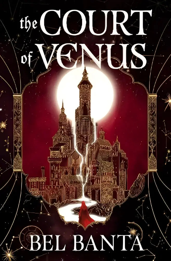 De cover van the court of venus door bel banta toont een gouden kasteel in silhouet op een dieprode achtergrond met maan, pan macmillan