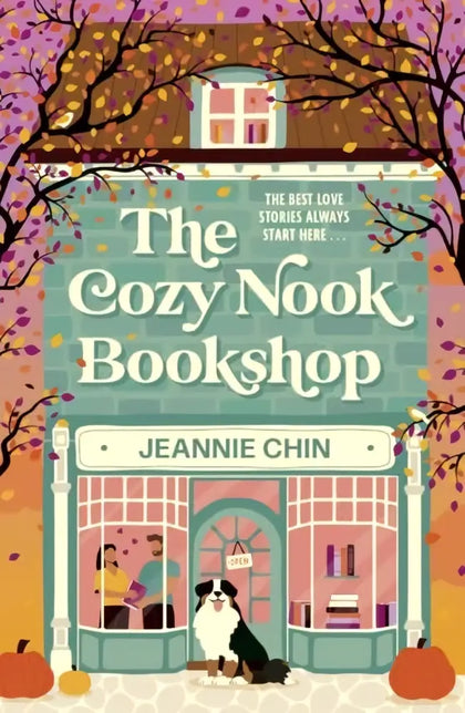 The cozy nook bookshop book cover shows a pastel pink and teal storefront with autumn leaves for a small town romance