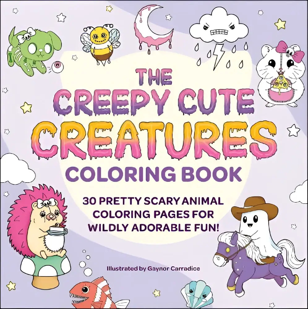 The creepy cute creatures coloring book features pretty scary animal characters with pastel illustrations on lavender background