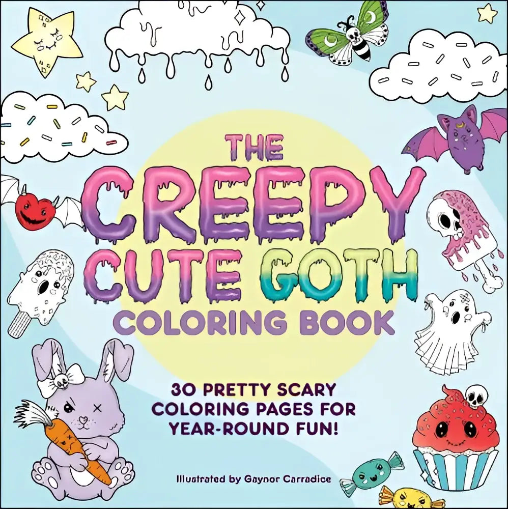 The creepy cute goth coloring book features pretty scary coloring pages with vibrant pastel lettering and cute monster illustrations