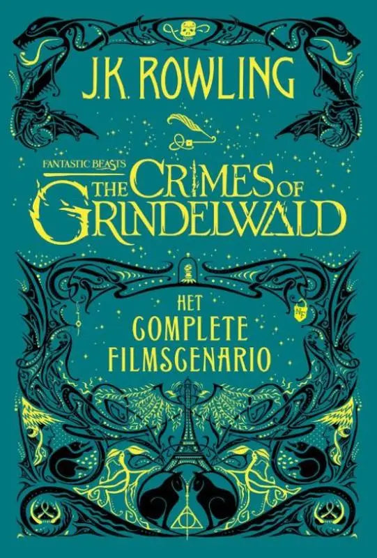 Teal boekomslag met ingewikkelde zwarte en gele illustraties van the crimes of grindelwald door j.k