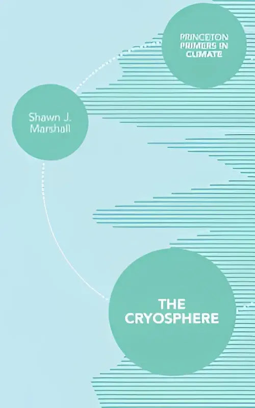 De cryosphere boekcover heeft een minimalistisch ontwerp met teal cirkels en dunne lijnen op lichtblauwe achtergrond