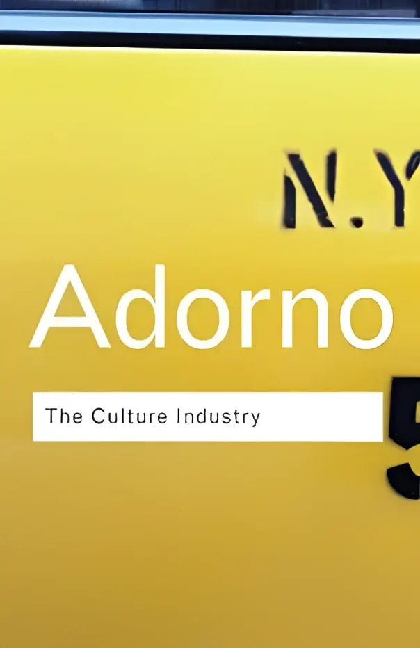 Gele hardcover boek van adorno getiteld the culture industry met witte tekst op de omslag