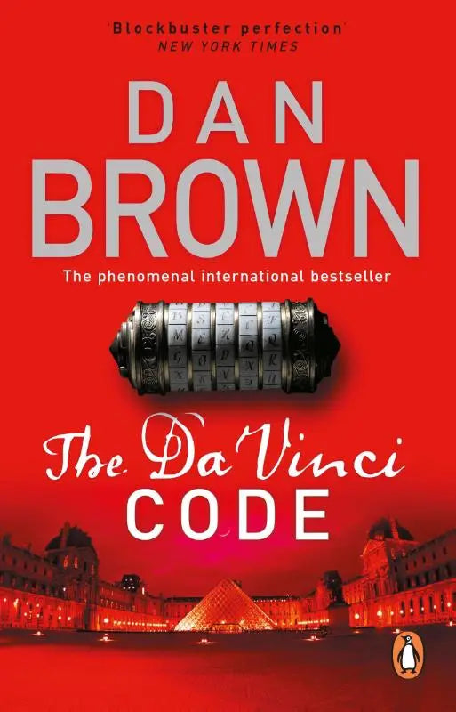 The da vinci code robert langdon boek with a metallic black and silver combination lock on a vibrant red cover