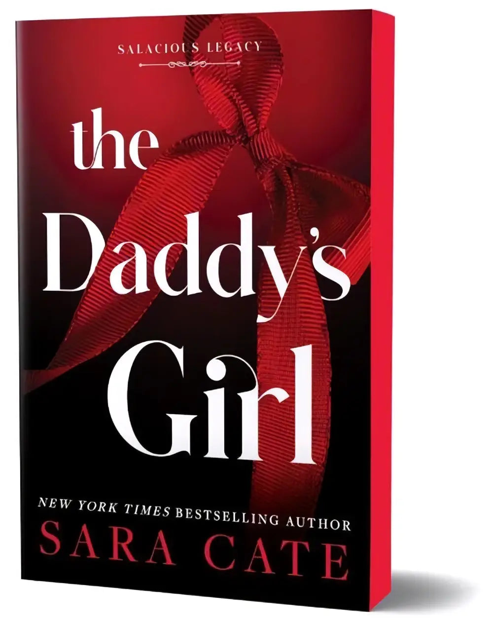 Red and black hardcover book the daddys girl by sara cate featuring a prominent red ribbon design on the cover