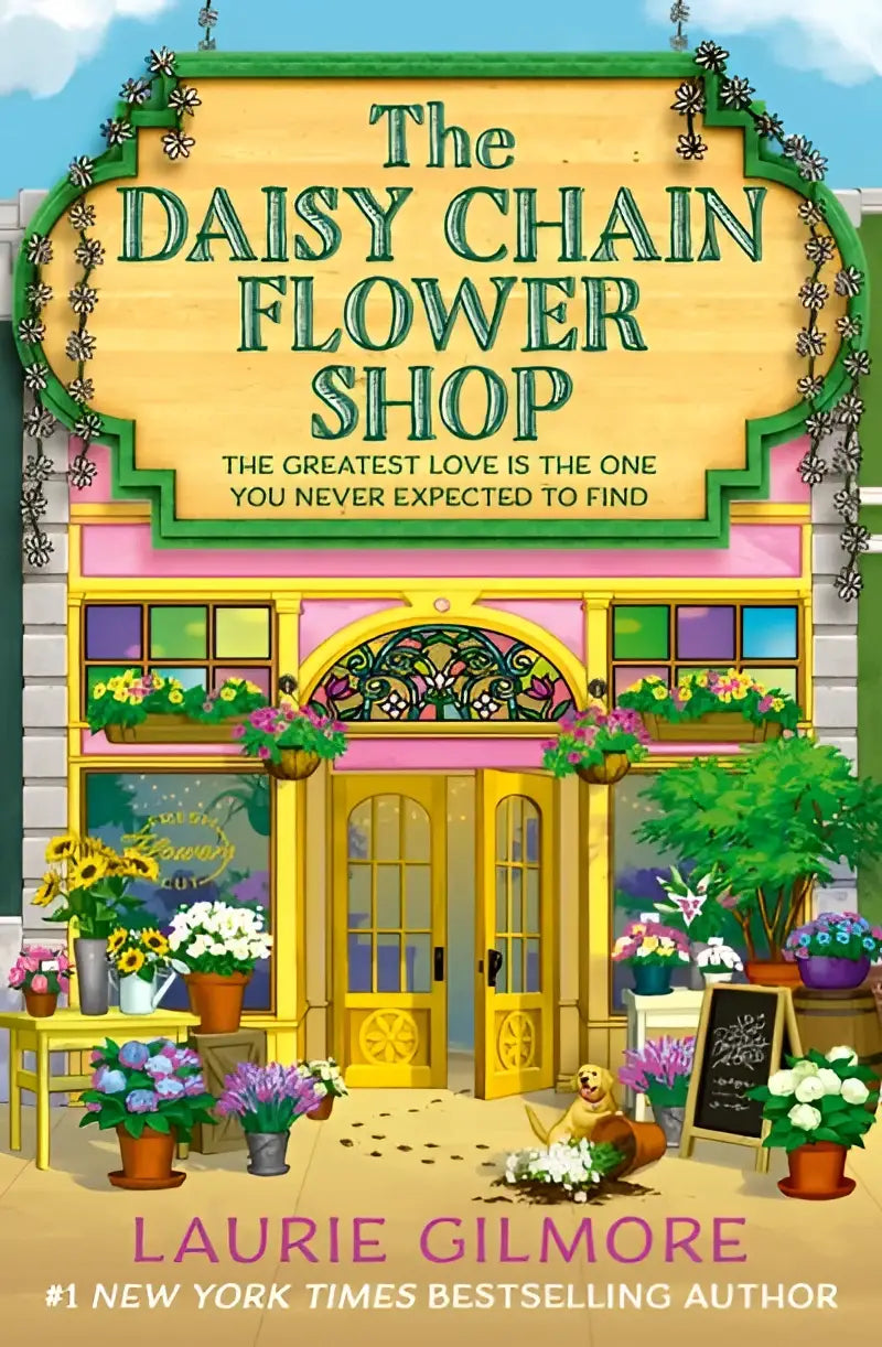 The daisy chain flower shop in dream harbor features a vibrant yellow and pink storefront with colorful flower arrangements