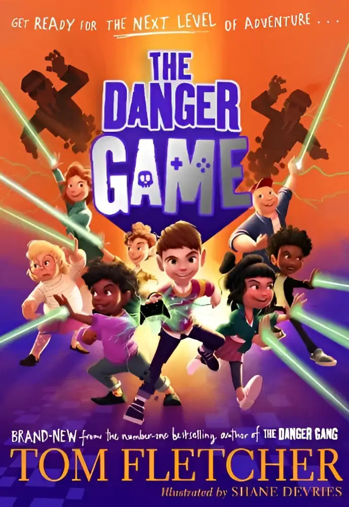 The danger game book cover showing vibrant cartoon illustrations of diverse children on orange and purple background