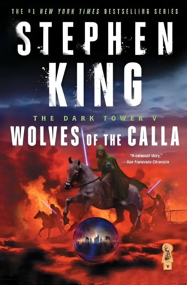 The dark tower v wolves of the calla cover with a dramatic fiery scene featuring a rider on horseback and glowing orb