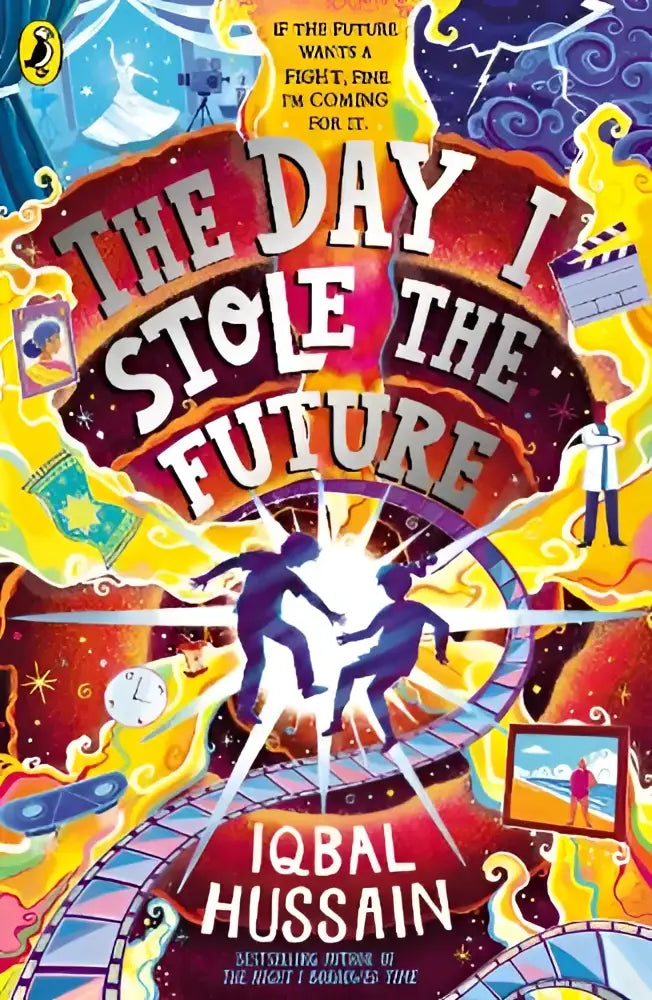 Vibrant geïllustreerde boekomslag voor the day i stole the future door iqbal hussain in het product the day i stole the future